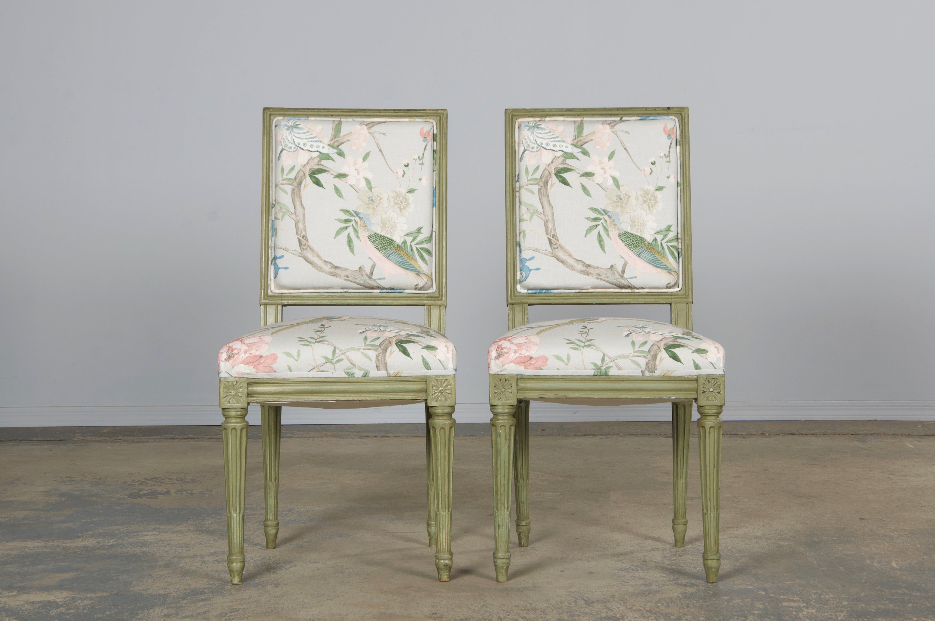 Antique French Louis XVI Style Painted Square Back Side Chairs in Chinoiserie Fabric - A Pair