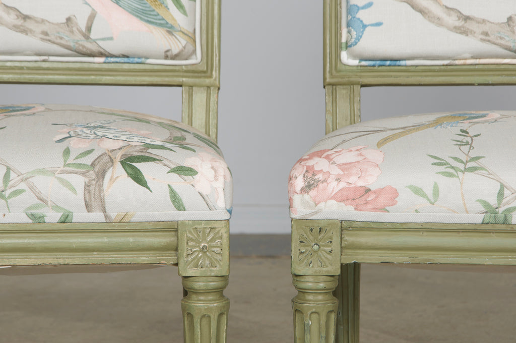 Antique French Louis XVI Style Painted Square Back Side Chairs in Chinoiserie Fabric - A Pair