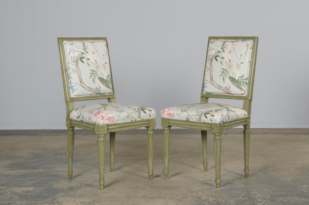 Antique French Louis XVI Style Painted Square Back Side Chairs in Chinoiserie Fabric - A Pair