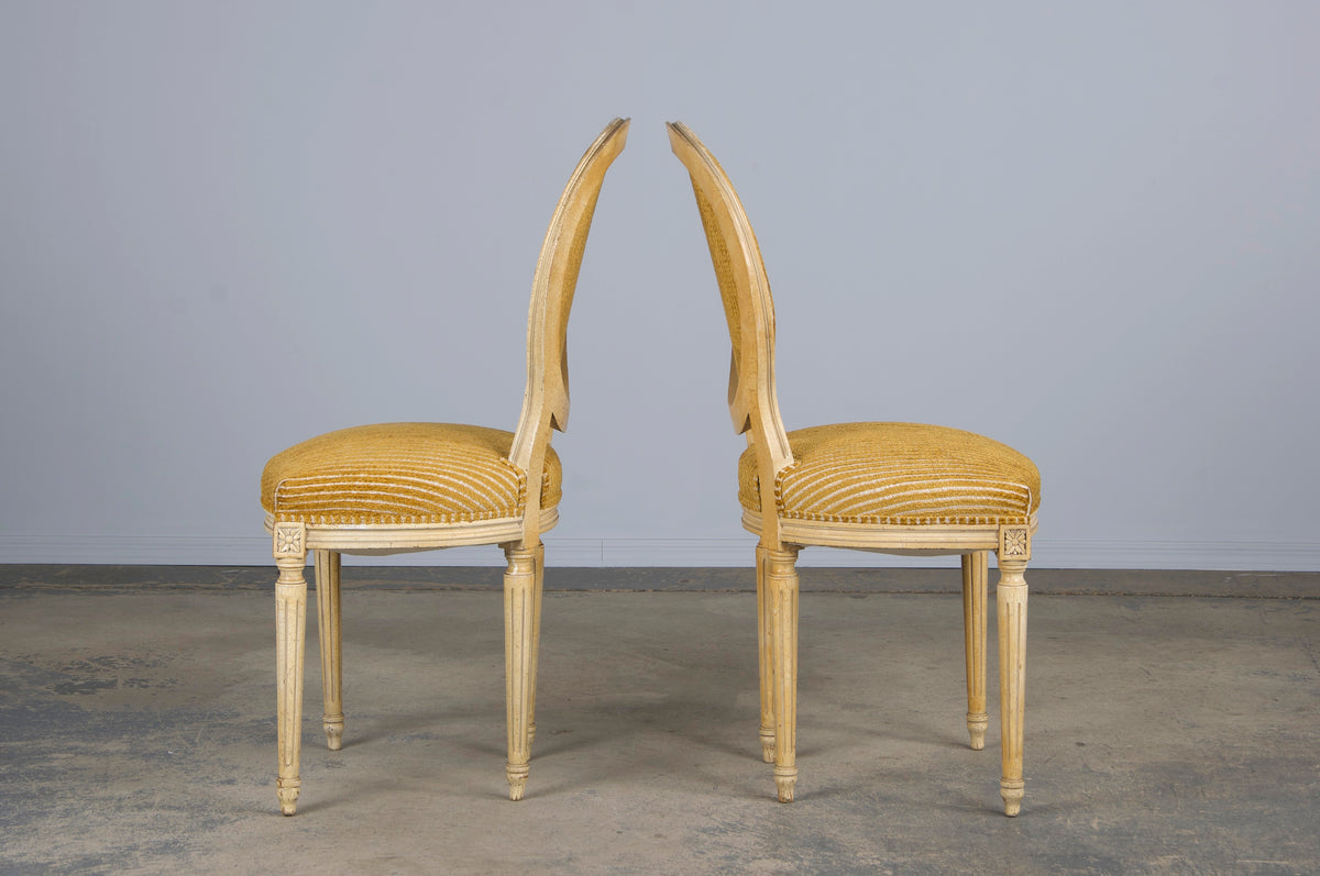 Antique French Louis XVI Style Painted Dining Chairs W/ Striped Golden Yellow Chenille - Set of 6