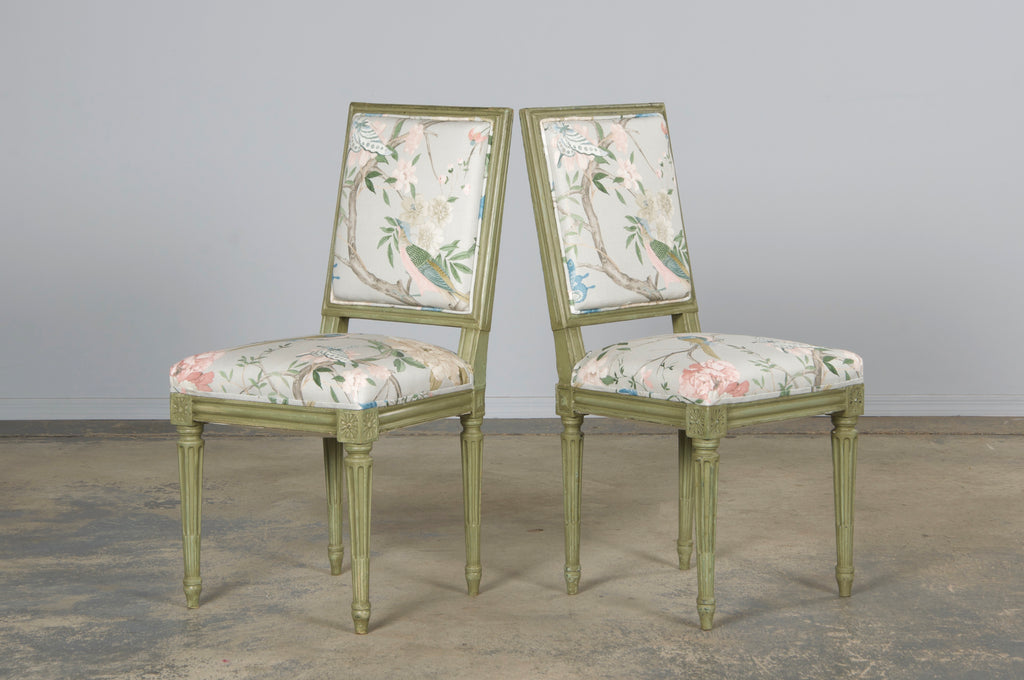 Antique French Louis XVI Style Painted Square Back Side Chairs in Chinoiserie Fabric - A Pair