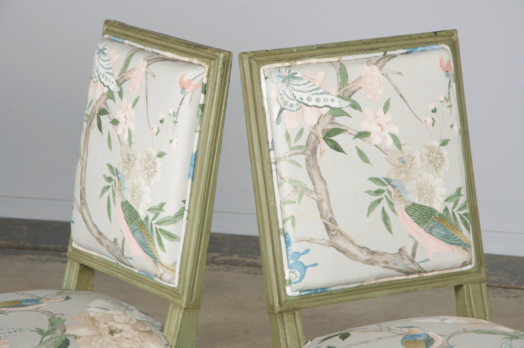 Antique French Louis XVI Style Painted Square Back Side Chairs in Chinoiserie Fabric - A Pair