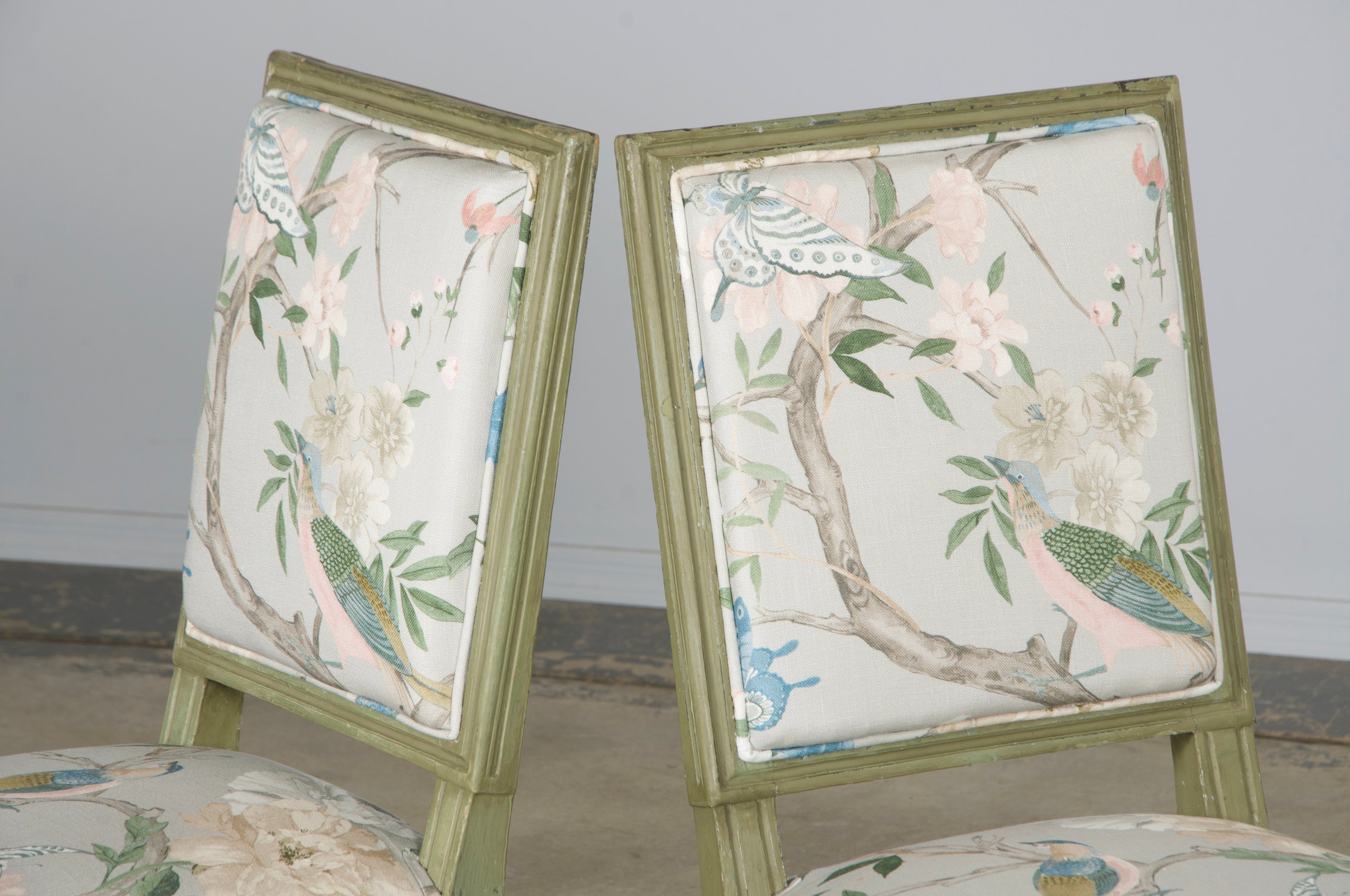 Antique French Louis XVI Style Painted Square Back Side Chairs in Chinoiserie Fabric - A Pair