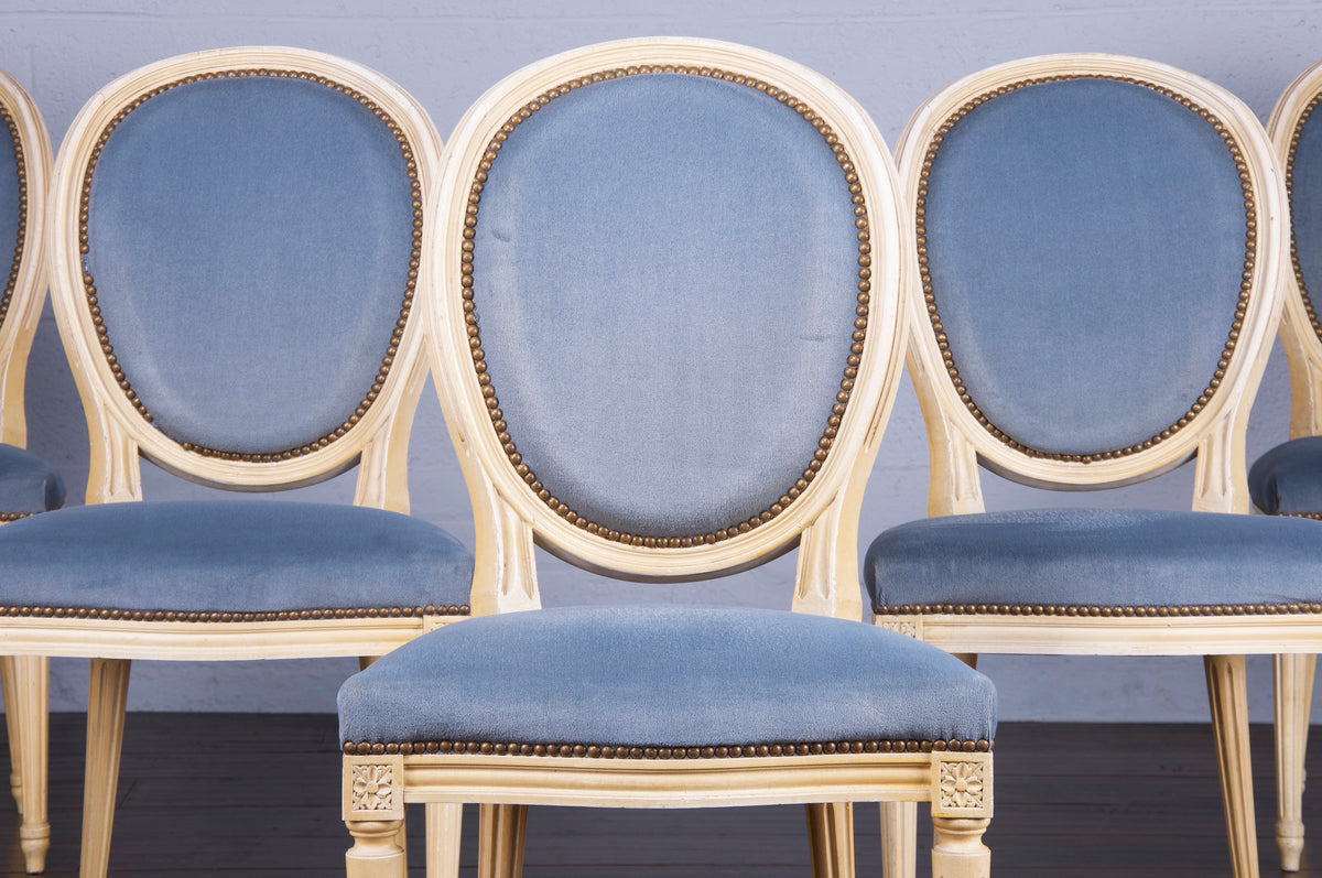 Antique French Louis XVI Style Provincial Painted Dining Chairs W/ Blue Velvet - Set of 5
