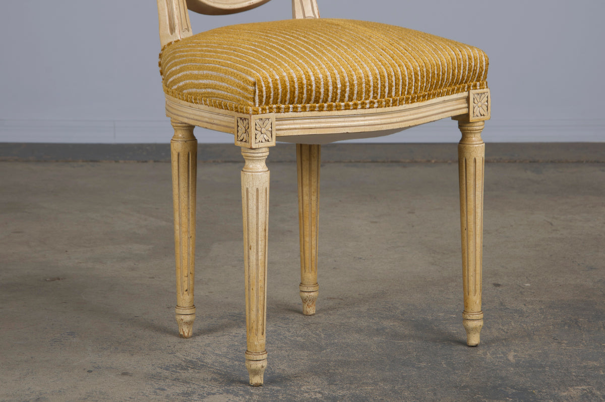 Antique French Louis XVI Style Painted Dining Chairs W/ Striped Golden Yellow Chenille - Set of 6