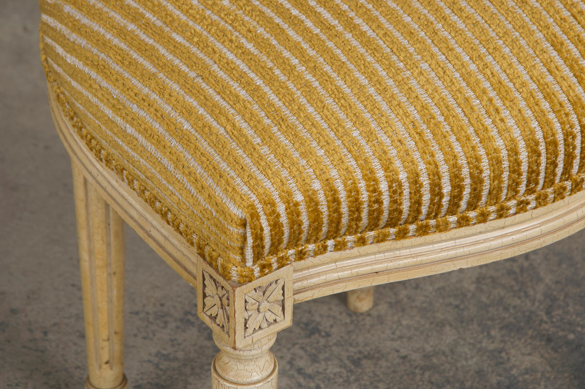 Antique French Louis XVI Style Painted Dining Chairs W/ Striped Golden Yellow Chenille - Set of 6