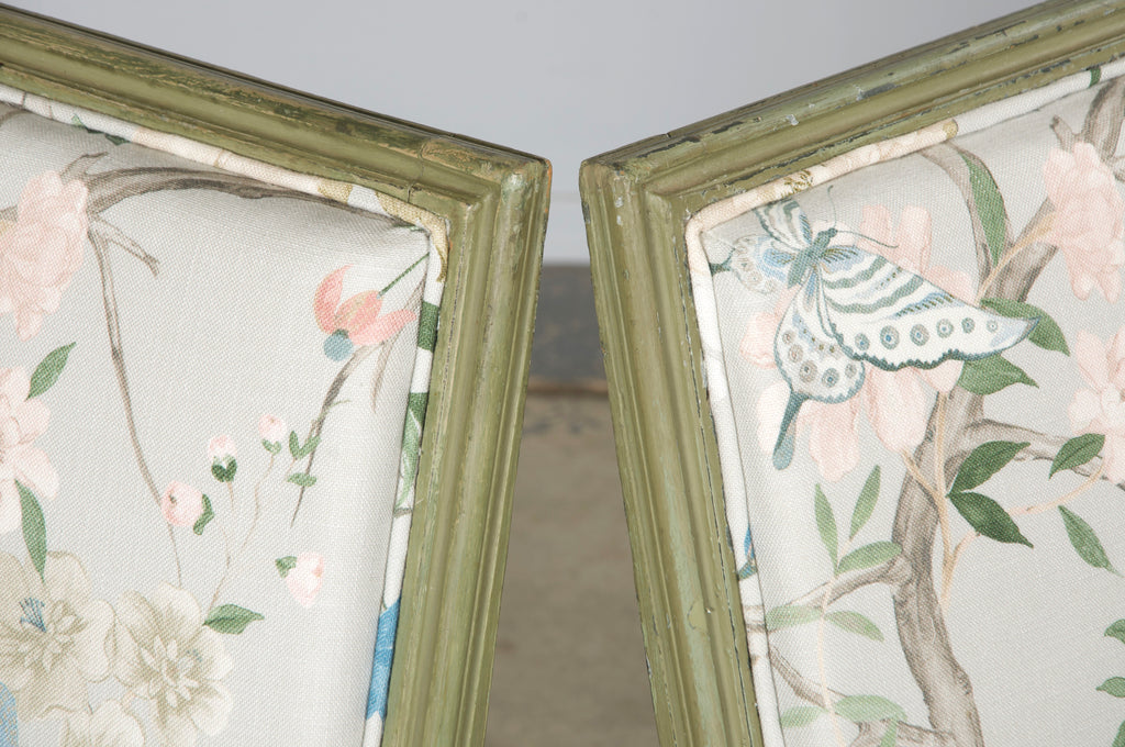 Antique French Louis XVI Style Painted Square Back Side Chairs in Chinoiserie Fabric - A Pair