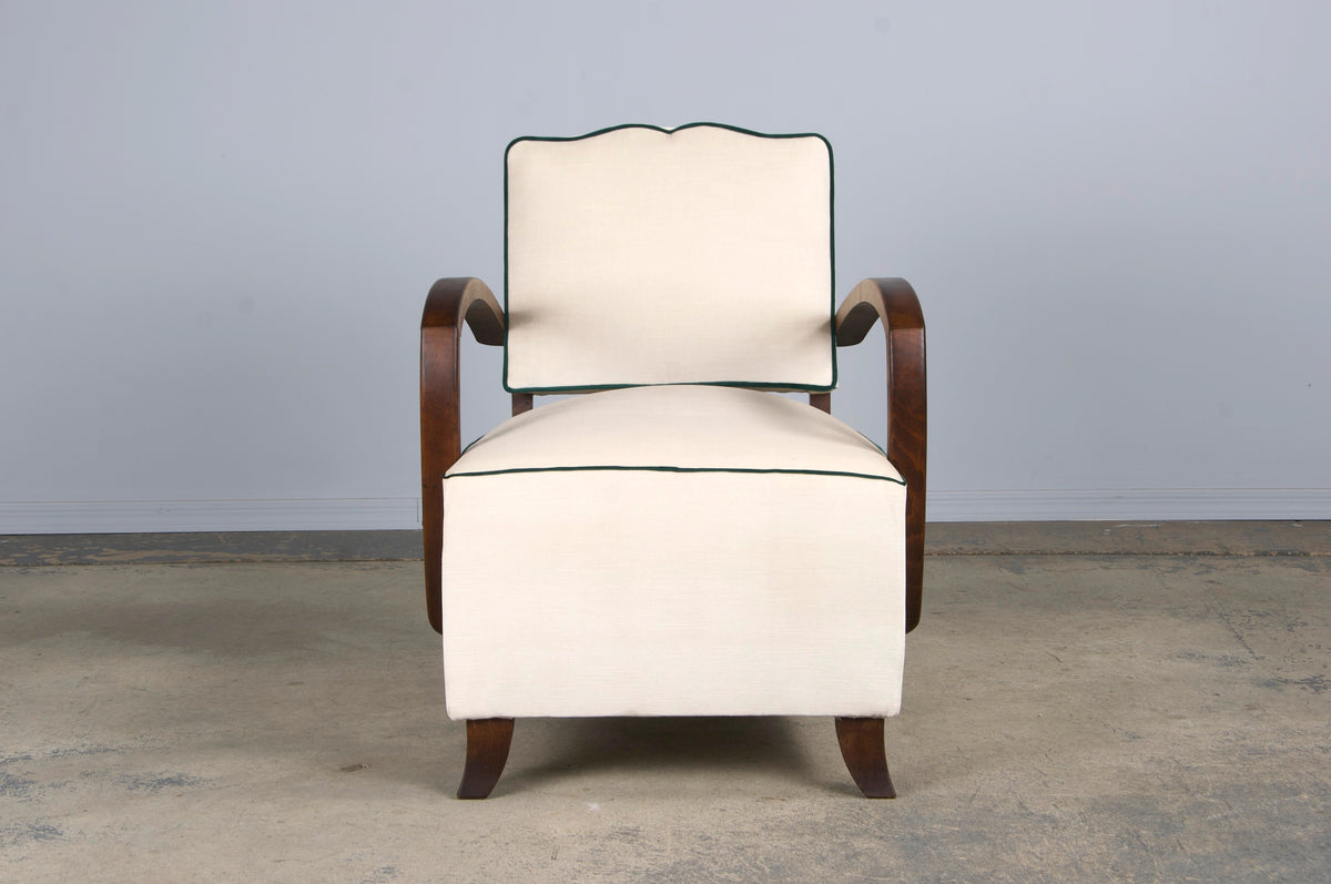 1930s French Art Deco Bridge Arms Maple Club Chair W/ Cream Velvet