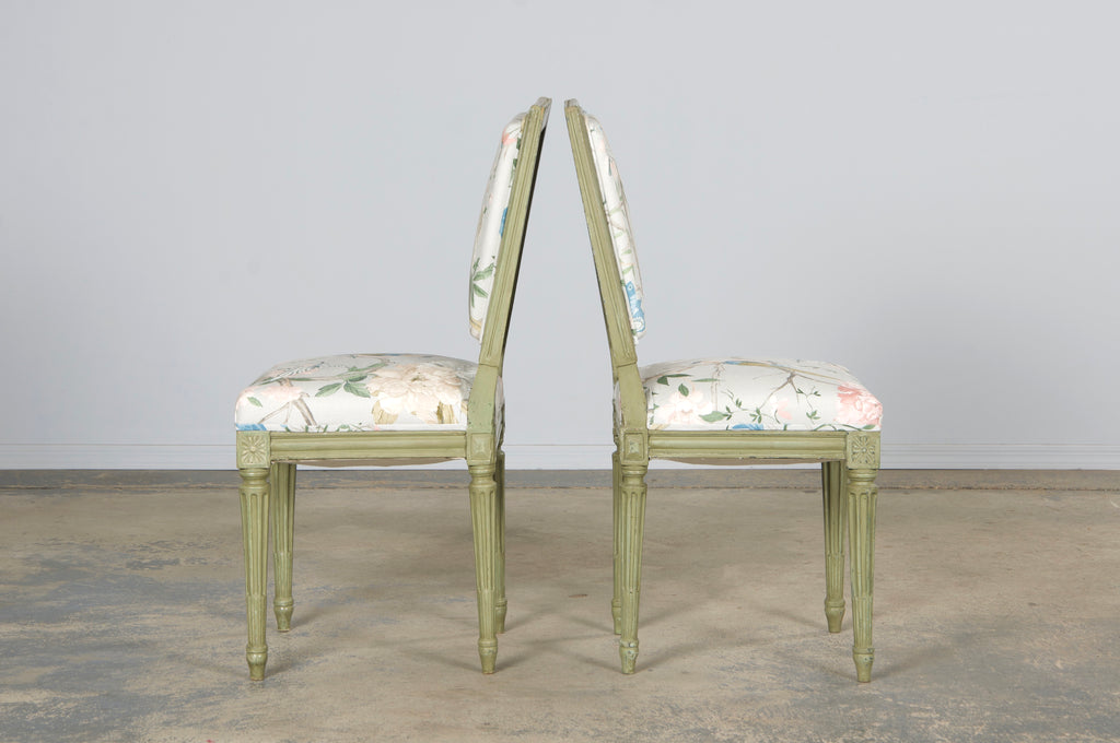 Antique French Louis XVI Style Painted Square Back Side Chairs in Chinoiserie Fabric - A Pair