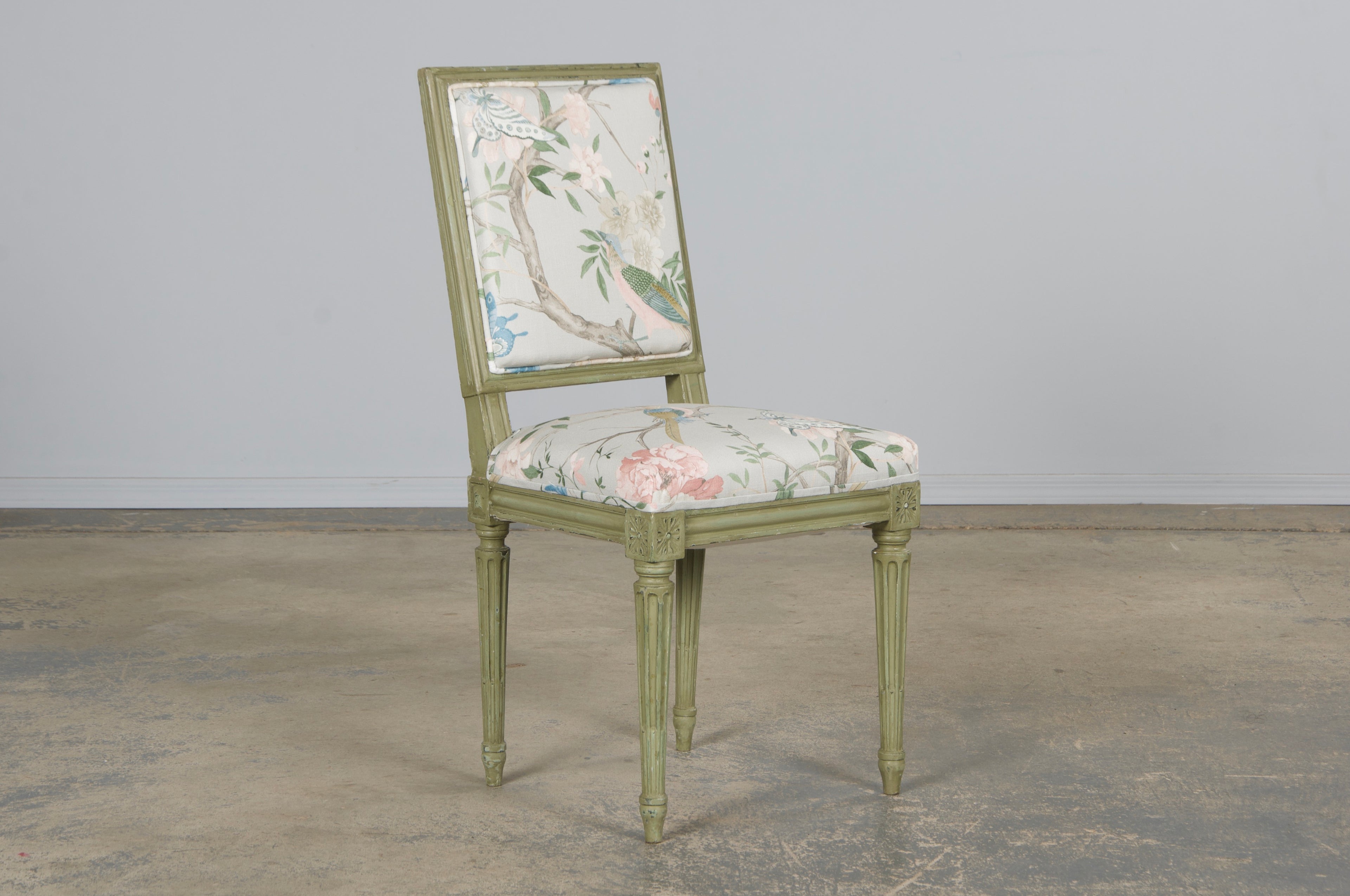 Antique French Louis XVI Style Painted Square Back Side Chairs in Chinoiserie Fabric - A Pair