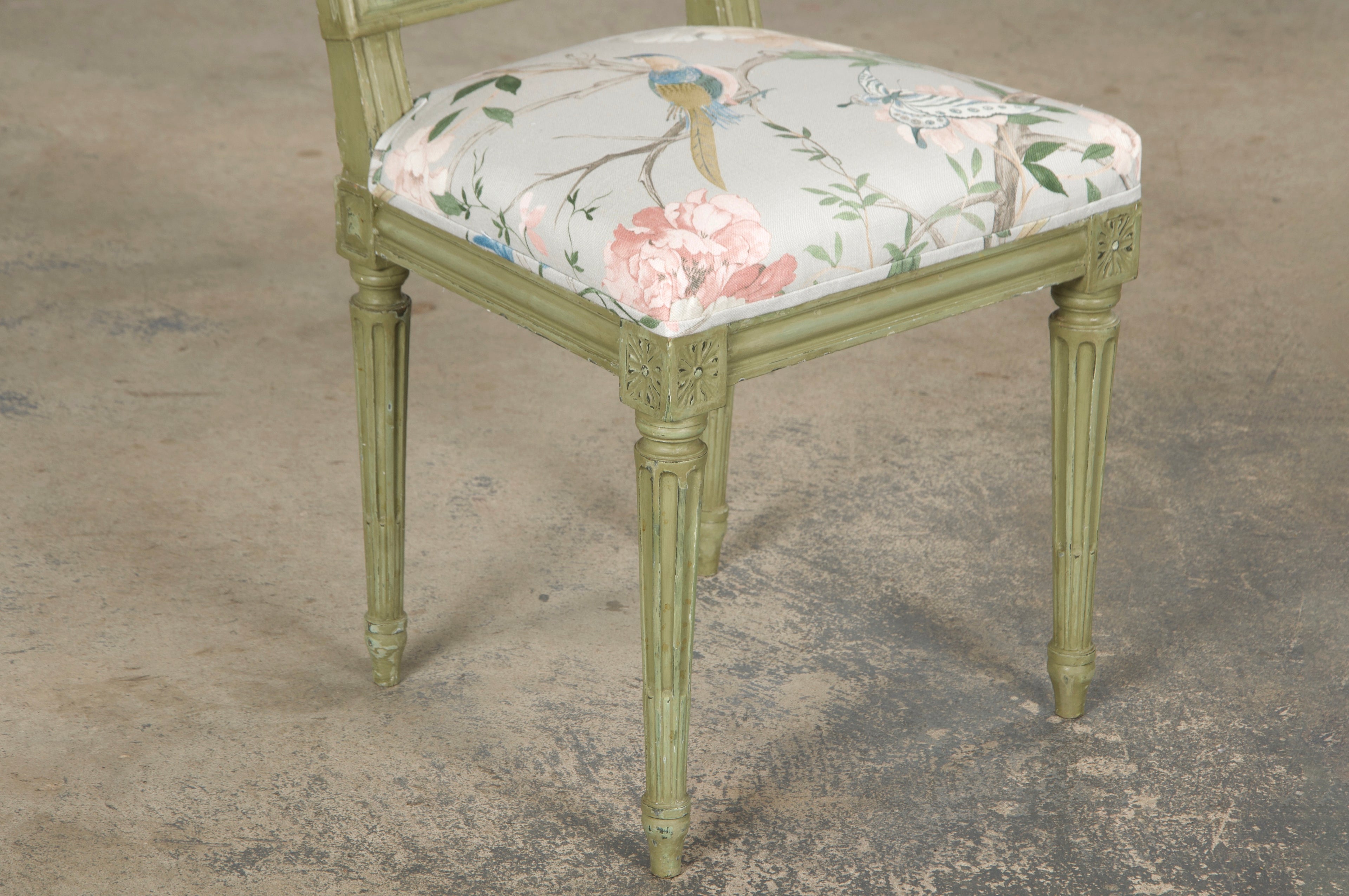 Antique French Louis XVI Style Painted Square Back Side Chairs in Chinoiserie Fabric - A Pair