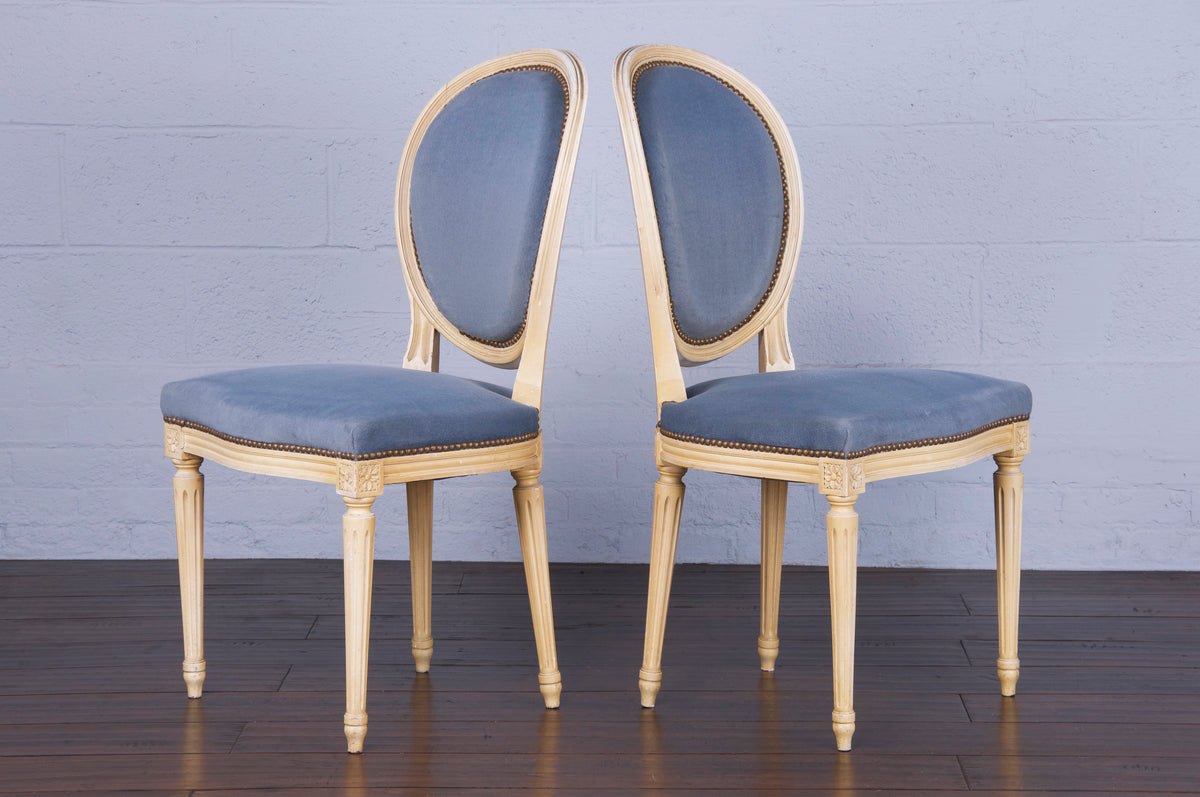 Antique French Louis XVI Style Provincial Painted Dining Chairs W/ Blue Velvet - Set of 5