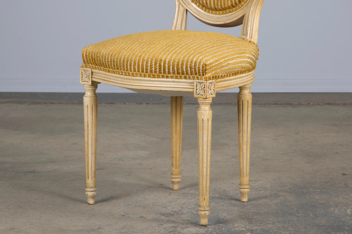 Antique French Louis XVI Style Painted Dining Chairs W/ Striped Golden Yellow Chenille - Set of 6