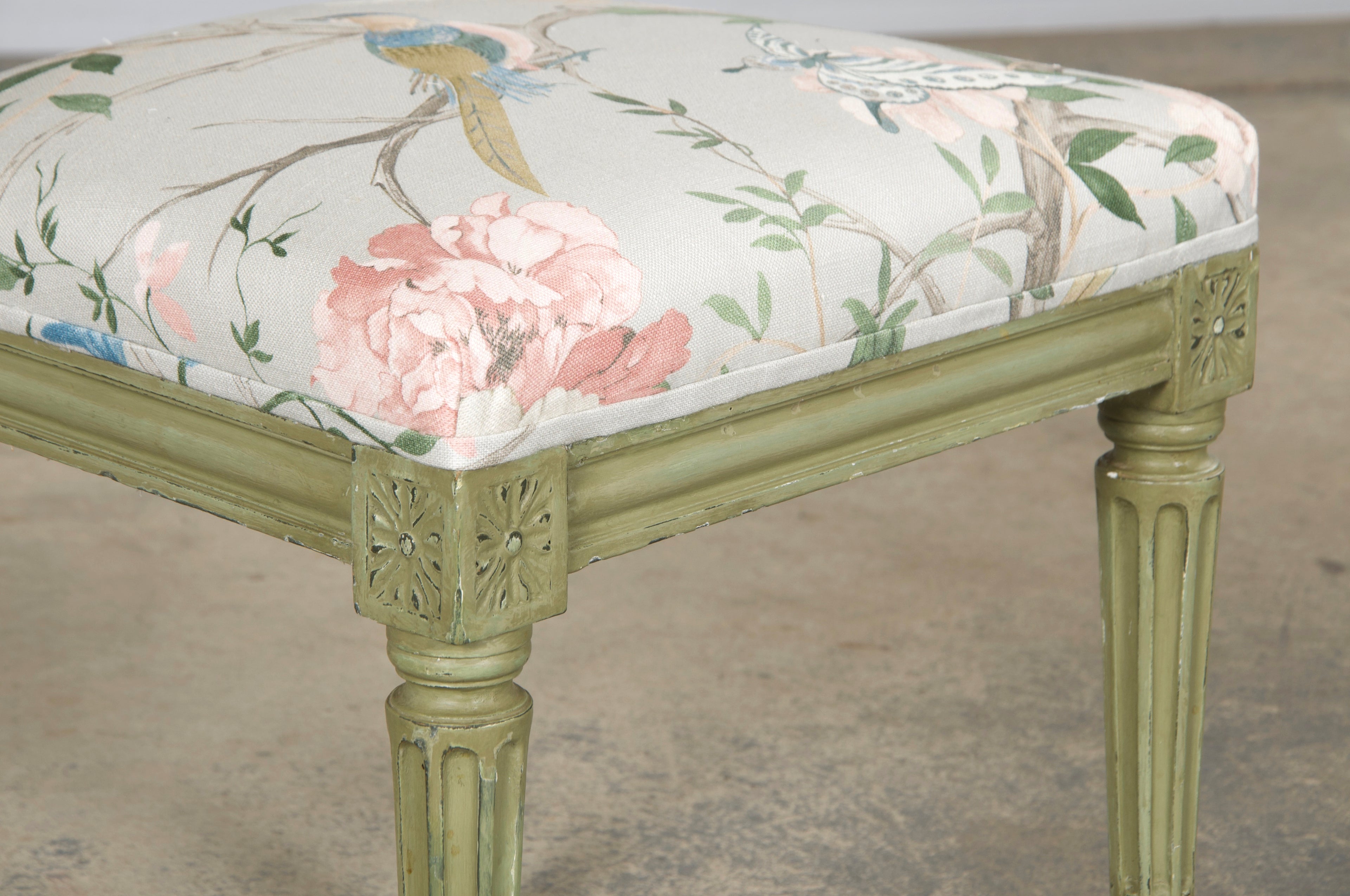 Antique French Louis XVI Style Painted Square Back Side Chairs in Chinoiserie Fabric - A Pair