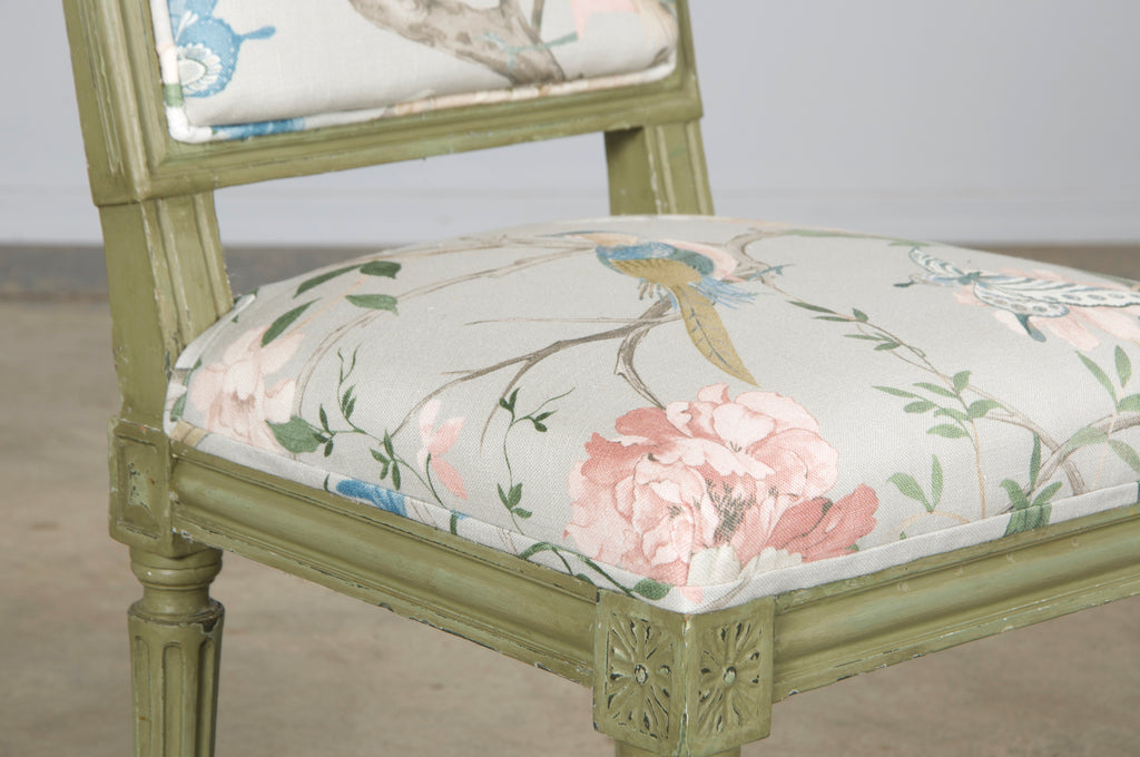 Antique French Louis XVI Style Painted Square Back Side Chairs in Chinoiserie Fabric - A Pair