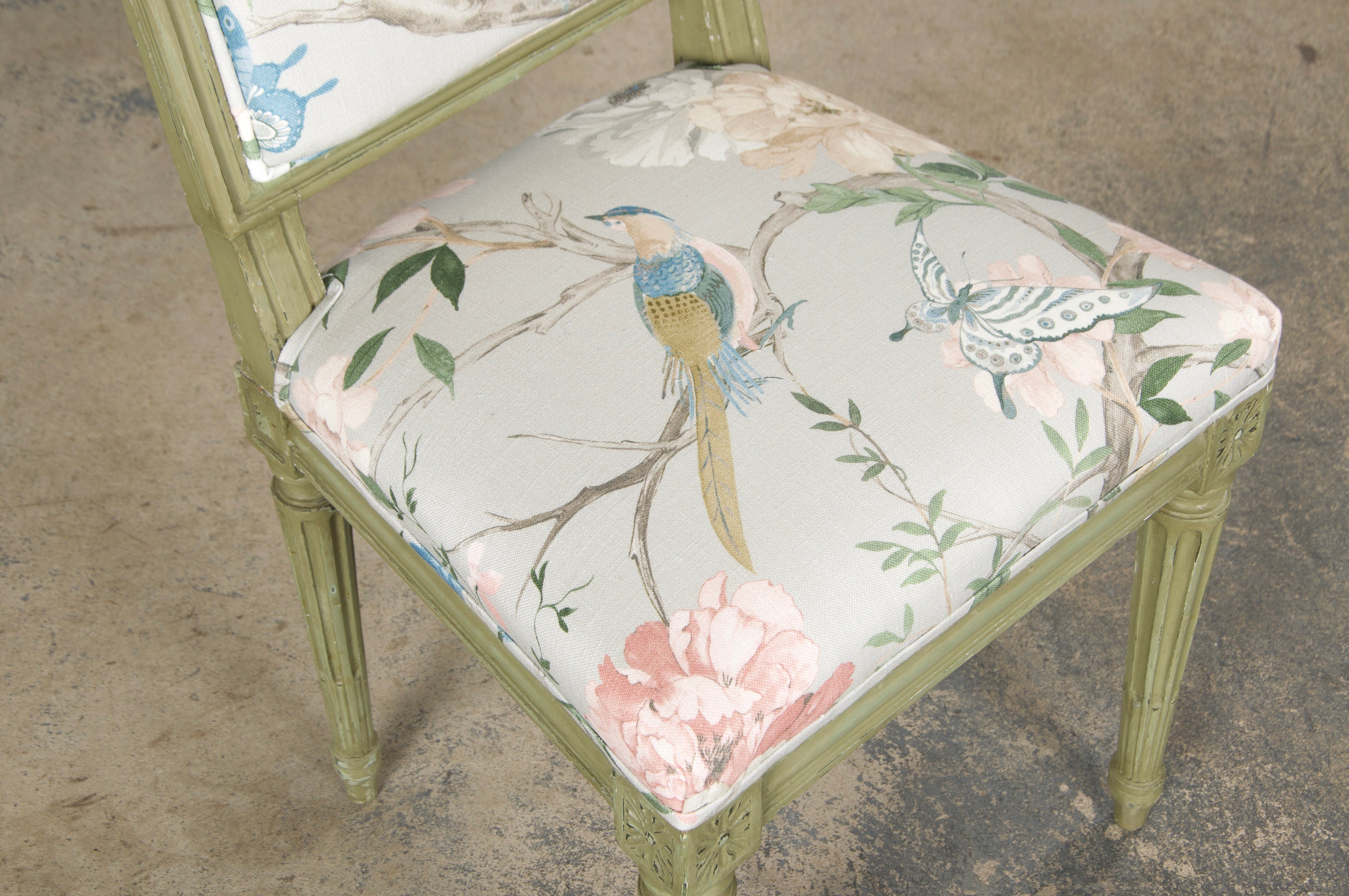 Antique French Louis XVI Style Painted Square Back Side Chairs in Chinoiserie Fabric - A Pair