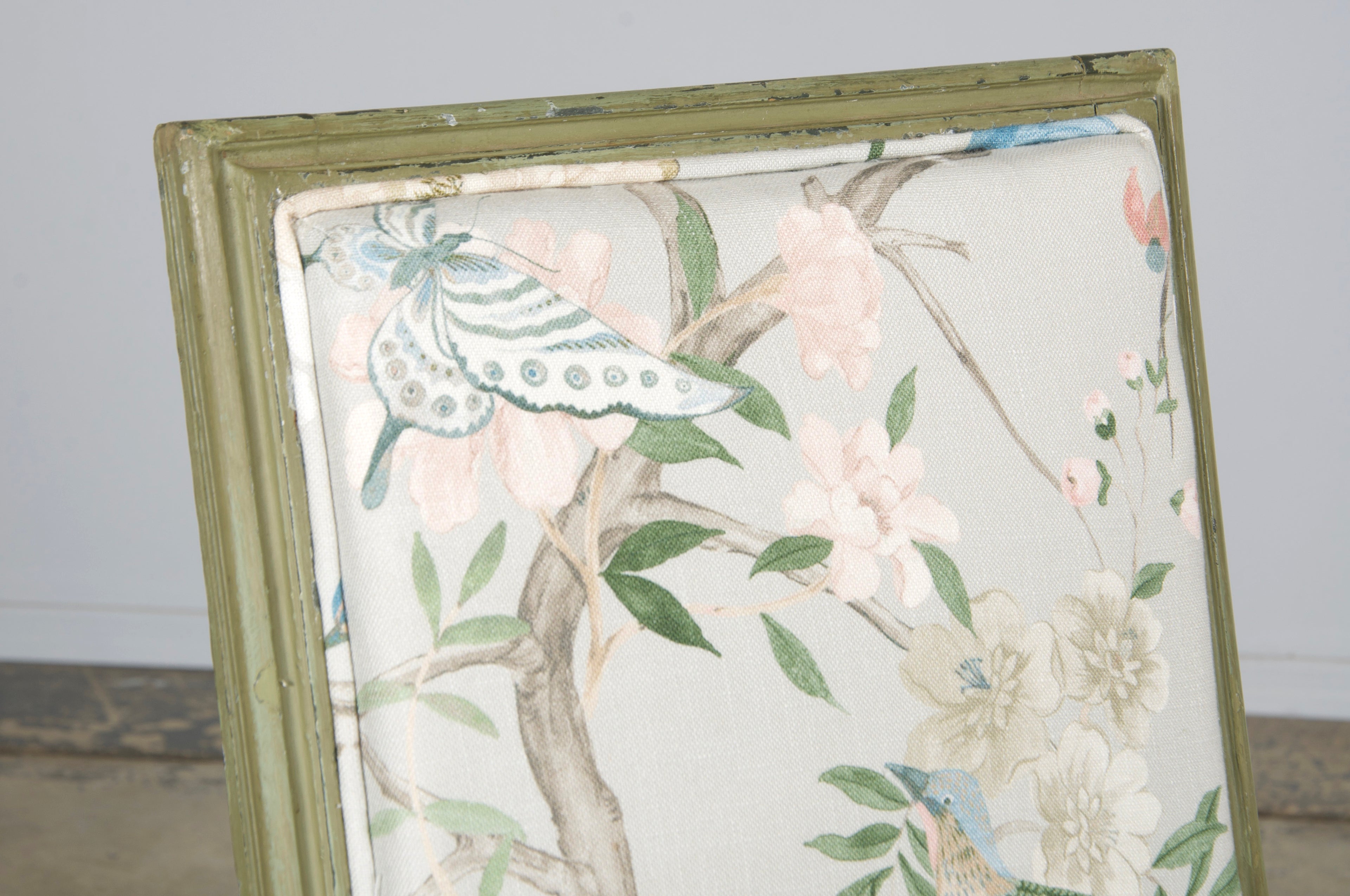 Antique French Louis XVI Style Painted Square Back Side Chairs in Chinoiserie Fabric - A Pair