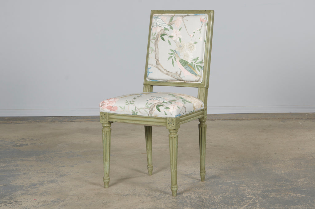 Antique French Louis XVI Style Painted Square Back Side Chairs in Chinoiserie Fabric - A Pair