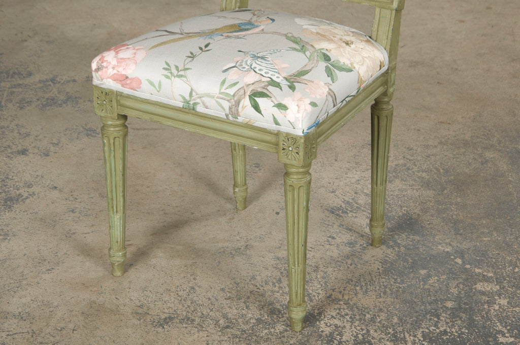 Antique French Louis XVI Style Painted Square Back Side Chairs in Chinoiserie Fabric - A Pair