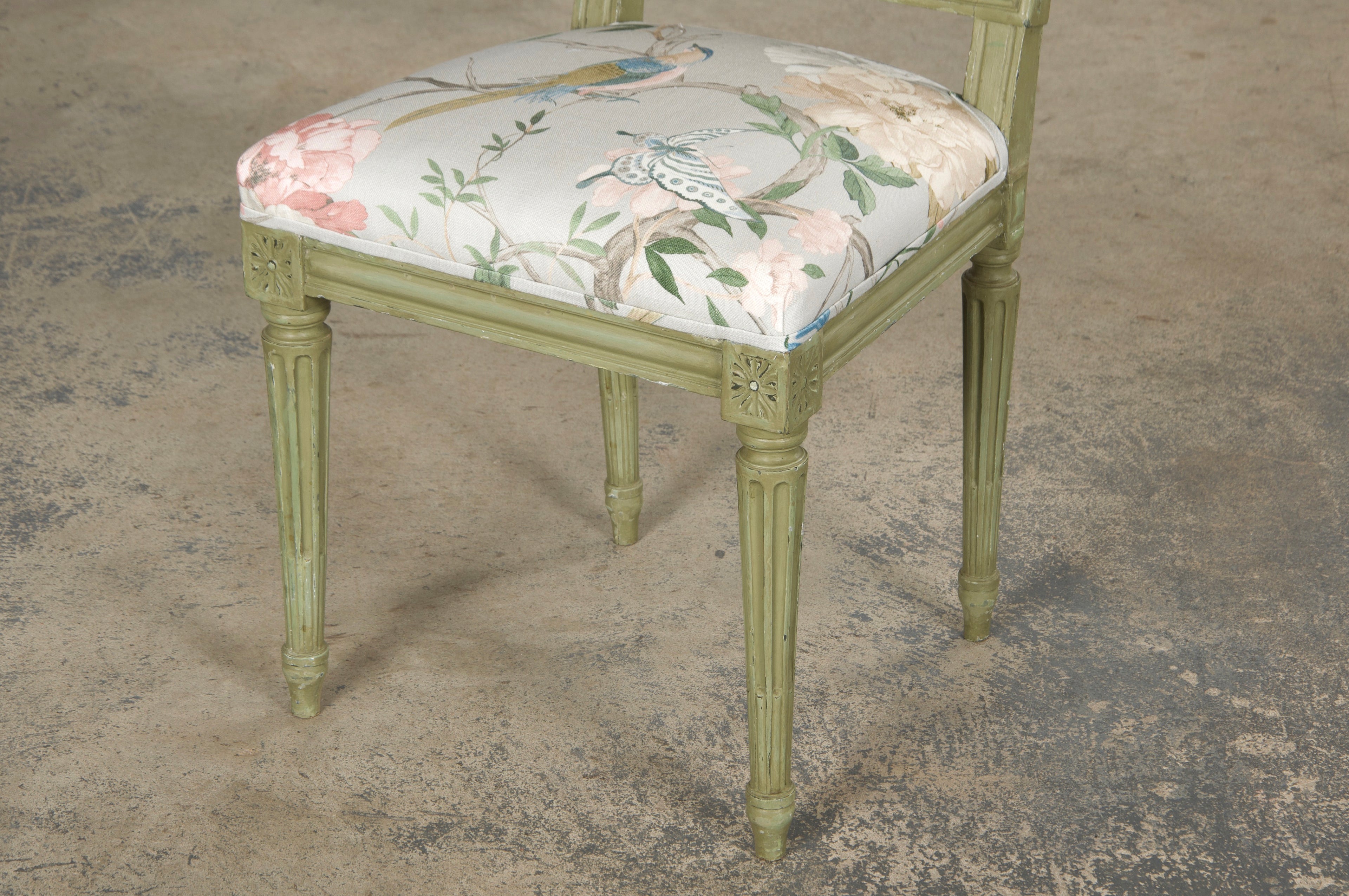Antique French Louis XVI Style Painted Square Back Side Chairs in Chinoiserie Fabric - A Pair