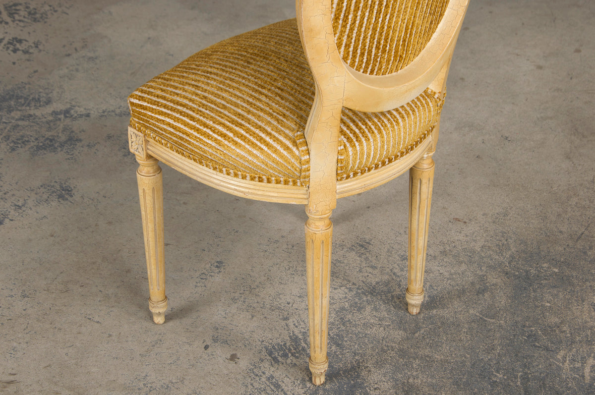 Antique French Louis XVI Style Painted Dining Chairs W/ Striped Golden Yellow Chenille - Set of 6