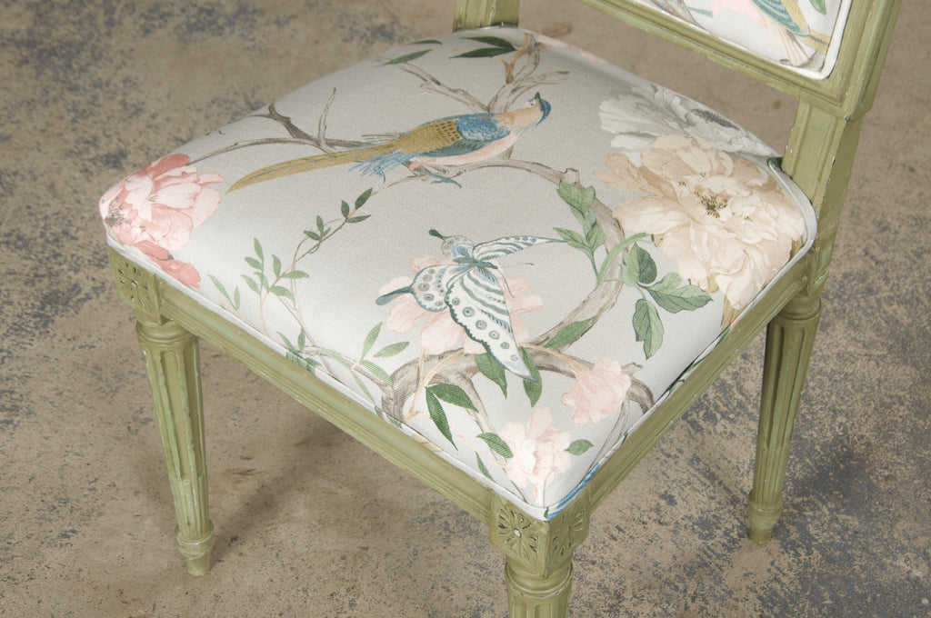 Antique French Louis XVI Style Painted Square Back Side Chairs in Chinoiserie Fabric - A Pair