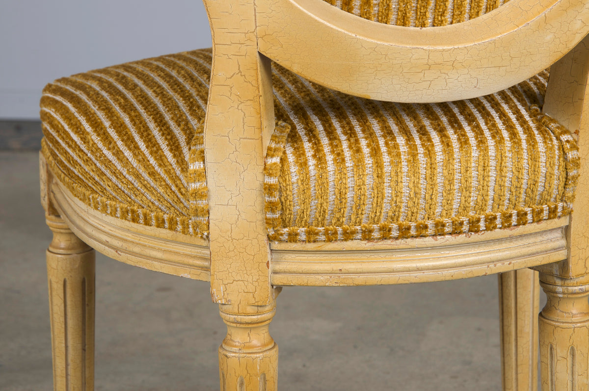 Antique French Louis XVI Style Painted Dining Chairs W/ Striped Golden Yellow Chenille - Set of 6