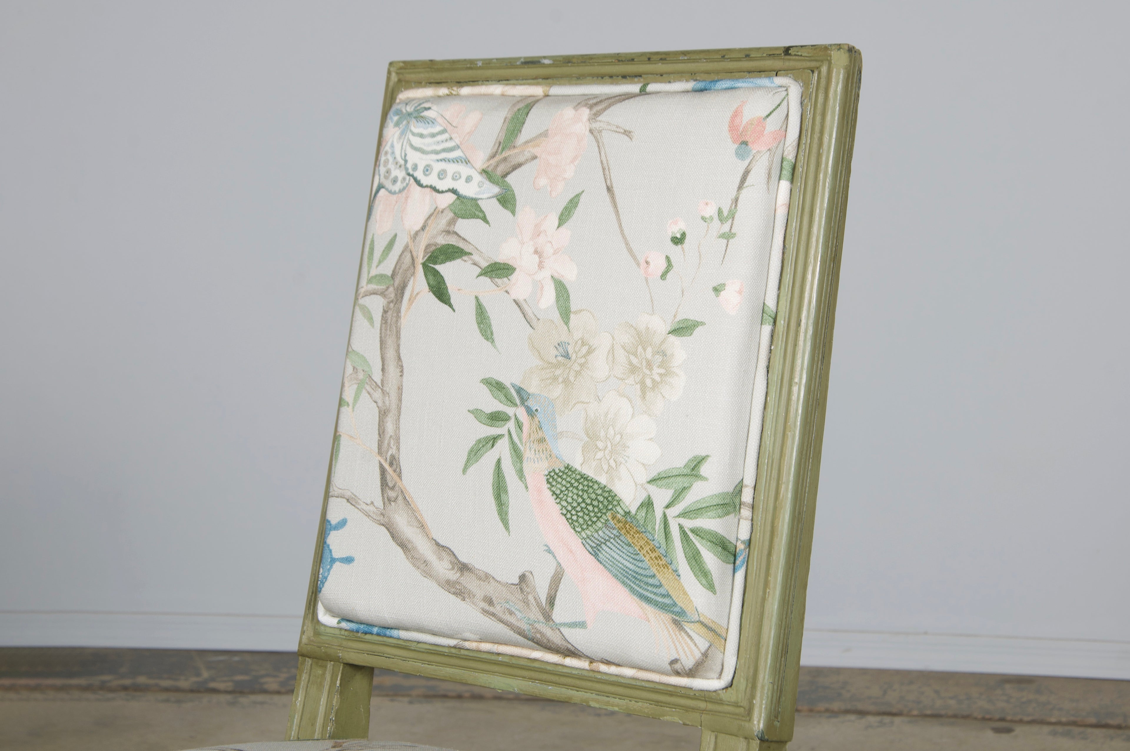Antique French Louis XVI Style Painted Square Back Side Chairs in Chinoiserie Fabric - A Pair