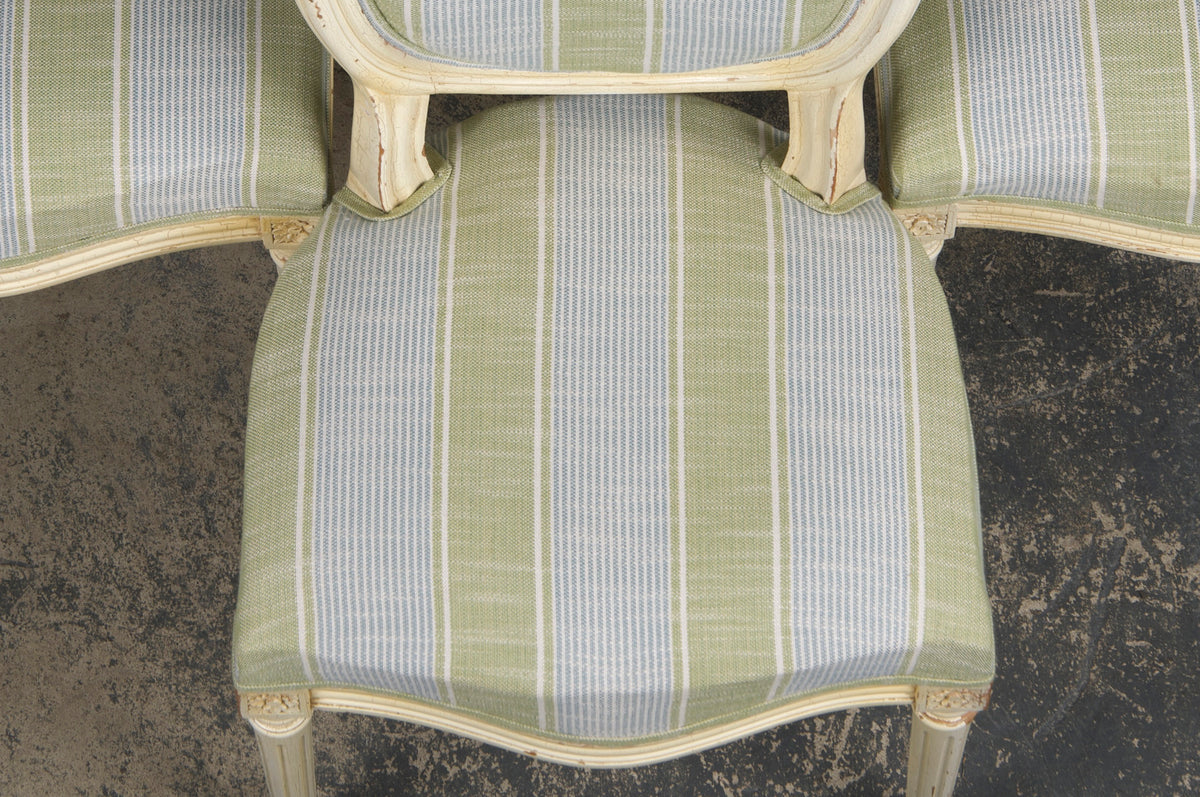 French Louis XVI Style Painted Dining Chairs W/ Striped Green and Blue Linen - Set of 6