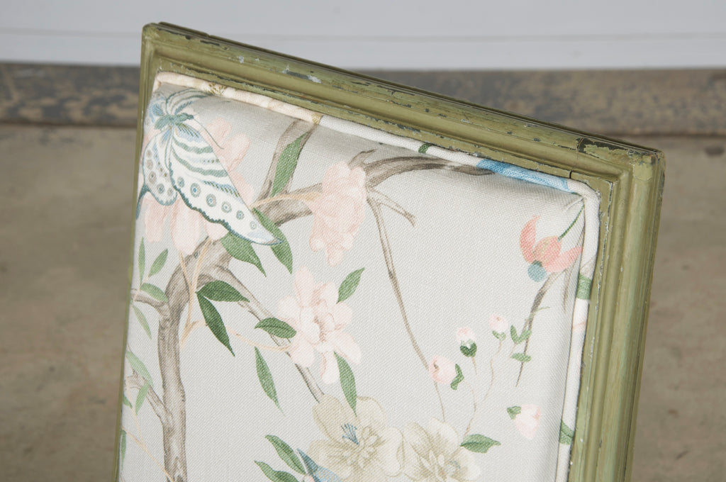 Antique French Louis XVI Style Painted Square Back Side Chairs in Chinoiserie Fabric - A Pair