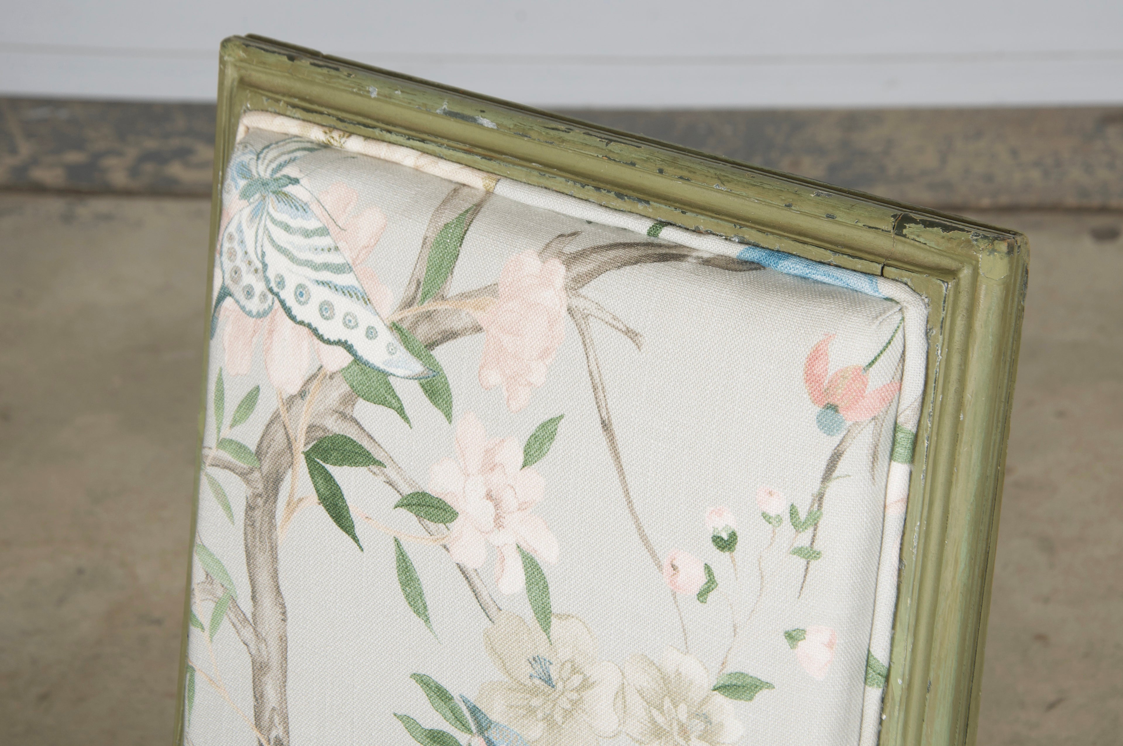 Antique French Louis XVI Style Painted Square Back Side Chairs in Chinoiserie Fabric - A Pair