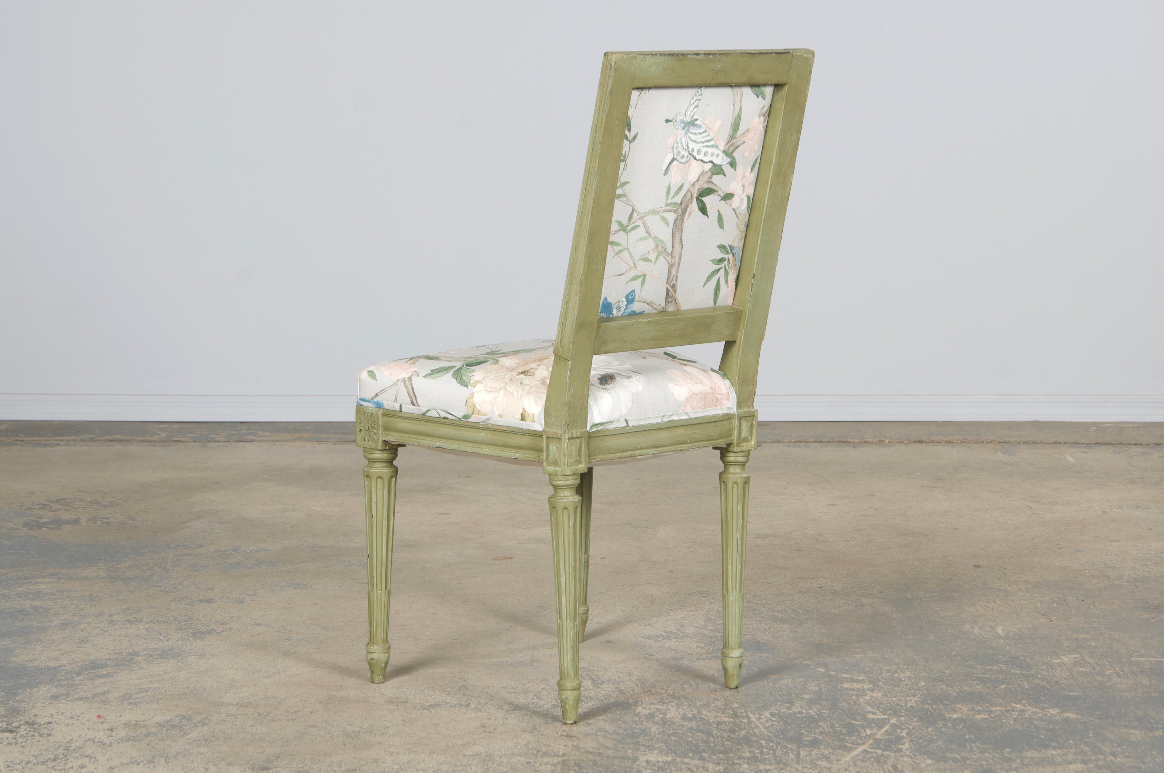 Antique French Louis XVI Style Painted Square Back Side Chairs in Chinoiserie Fabric - A Pair