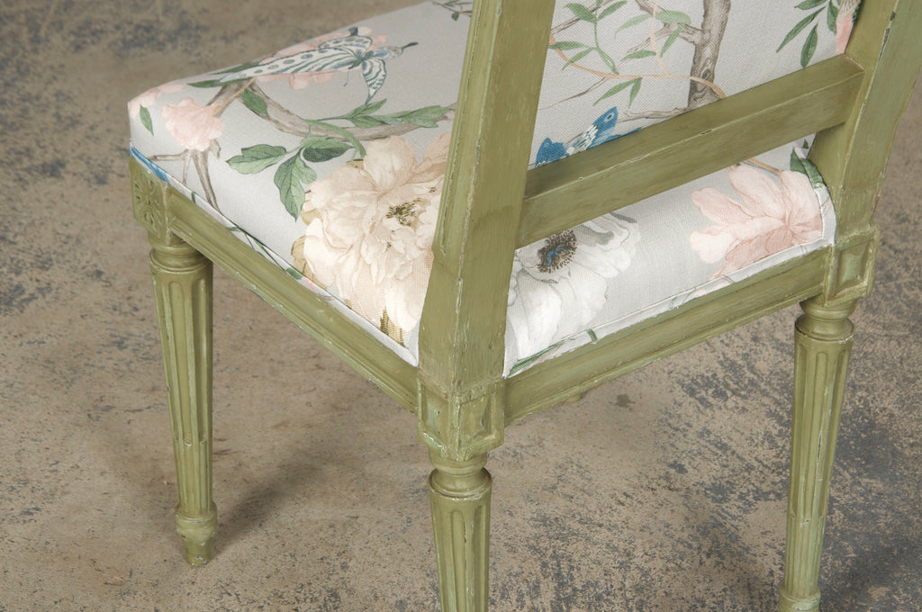 Antique French Louis XVI Style Painted Square Back Side Chairs in Chinoiserie Fabric - A Pair