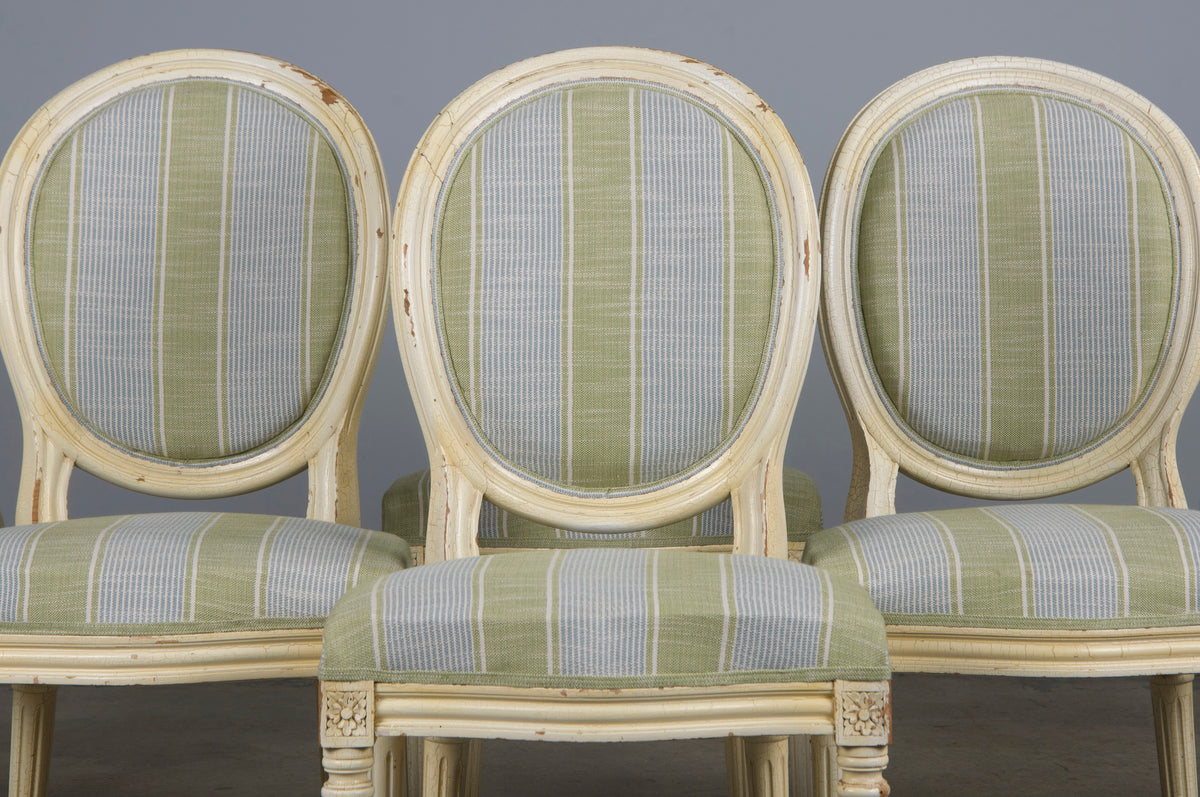 French Louis XVI Style Painted Dining Chairs W/ Striped Green and Blue Linen - Set of 6