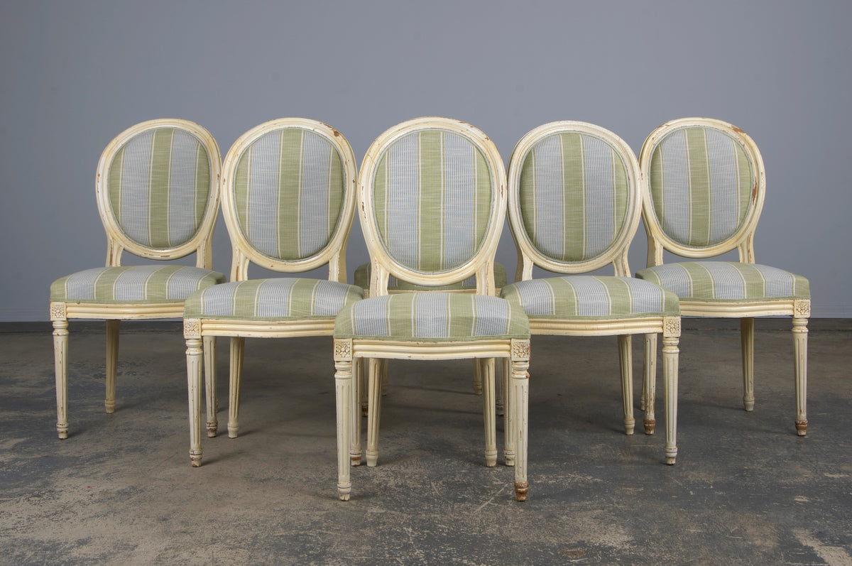 French Louis XVI Style Painted Dining Chairs W/ Striped Green and Blue Linen - Set of 6