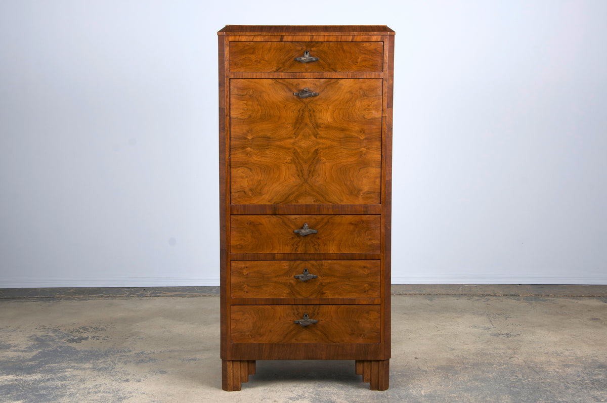 ON HOLD 1930s French Art Deco Burl Walnut Secretary Desk Cabinet