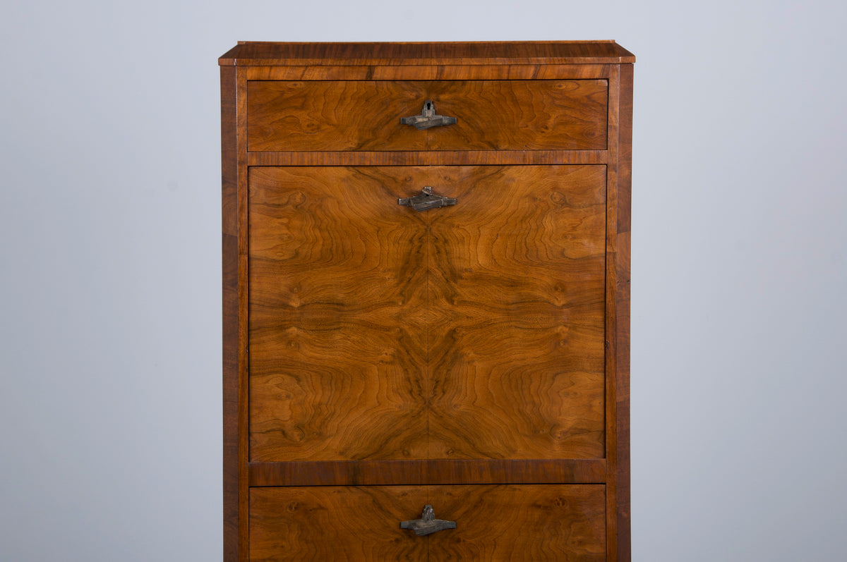 ON HOLD 1930s French Art Deco Burl Walnut Secretary Desk Cabinet