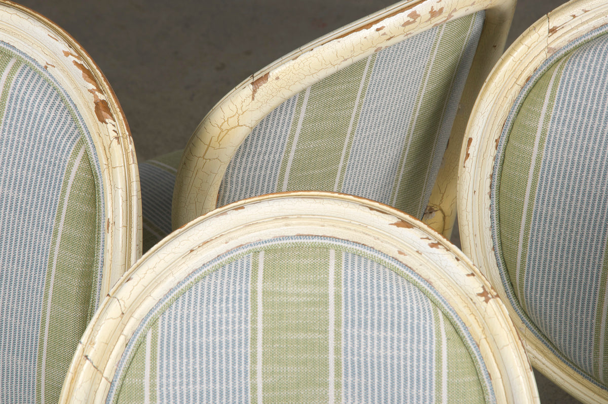 French Louis XVI Style Painted Dining Chairs W/ Striped Green and Blue Linen - Set of 6