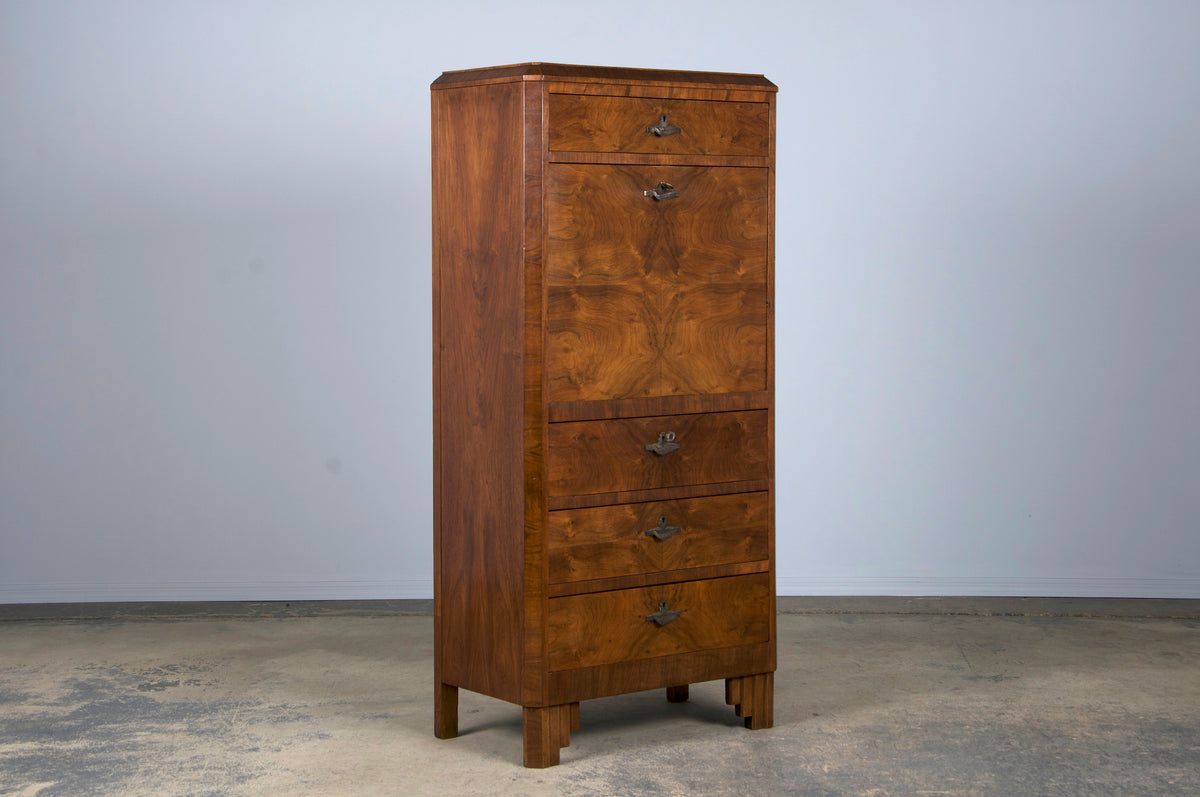 ON HOLD 1930s French Art Deco Burl Walnut Secretary Desk Cabinet