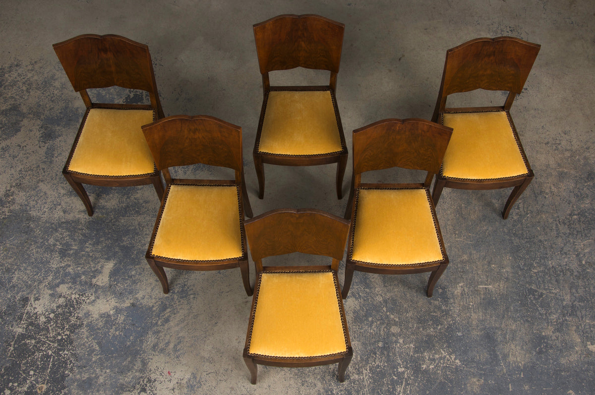 1950s French Art Deco Maple Dining Chairs W/ Golden Yellow Velvet - Set of 6