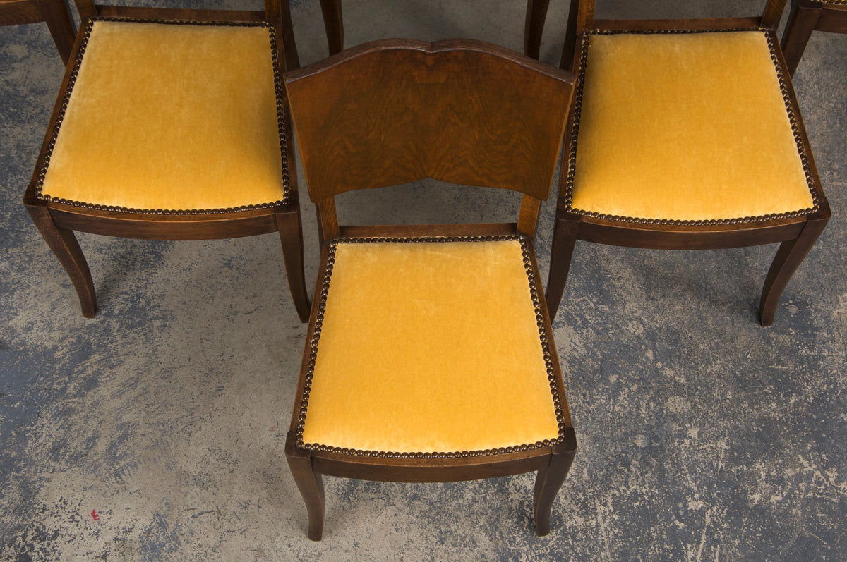 1950s French Art Deco Maple Dining Chairs W/ Golden Yellow Velvet - Set of 6