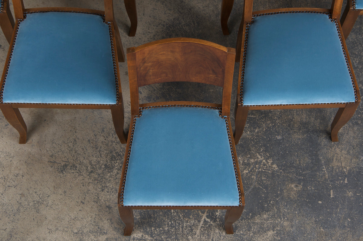 1950s French Art Deco Maple Dining Chairs W/ Blue Velvet - Set of 6