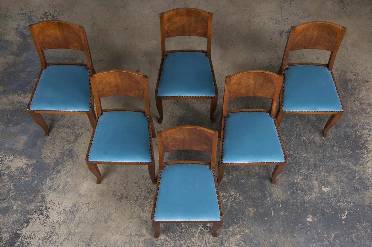 1950s French Art Deco Maple Dining Chairs W/ Blue Velvet - Set of 6