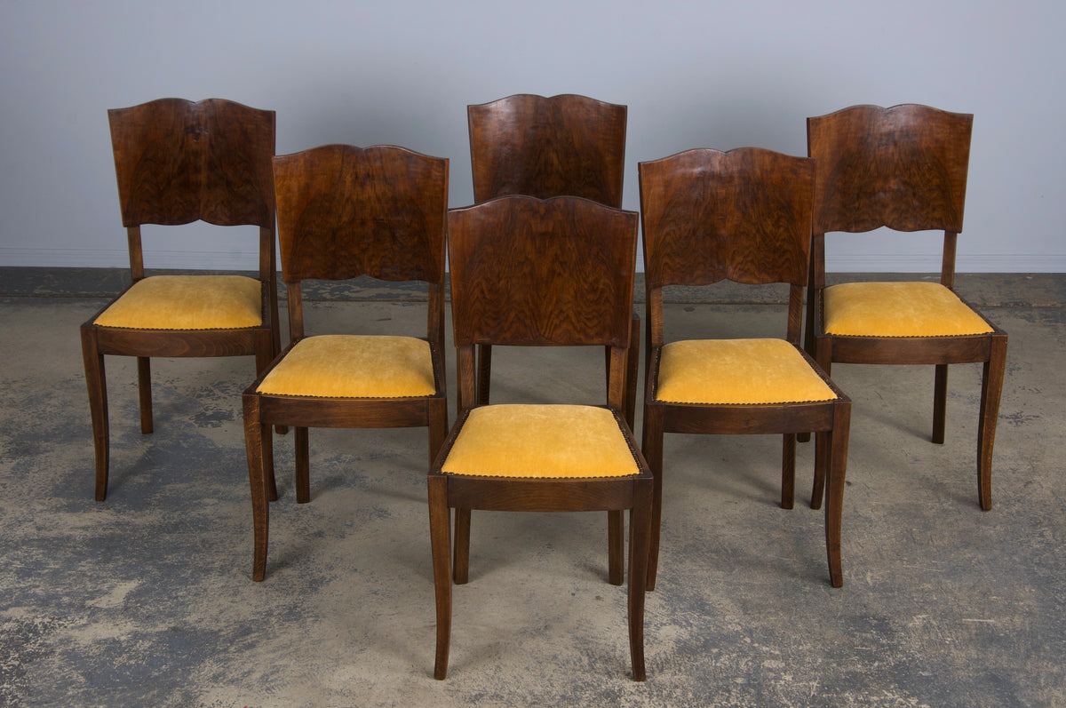 1950s French Art Deco Maple Dining Chairs W/ Golden Yellow Velvet - Set of 6