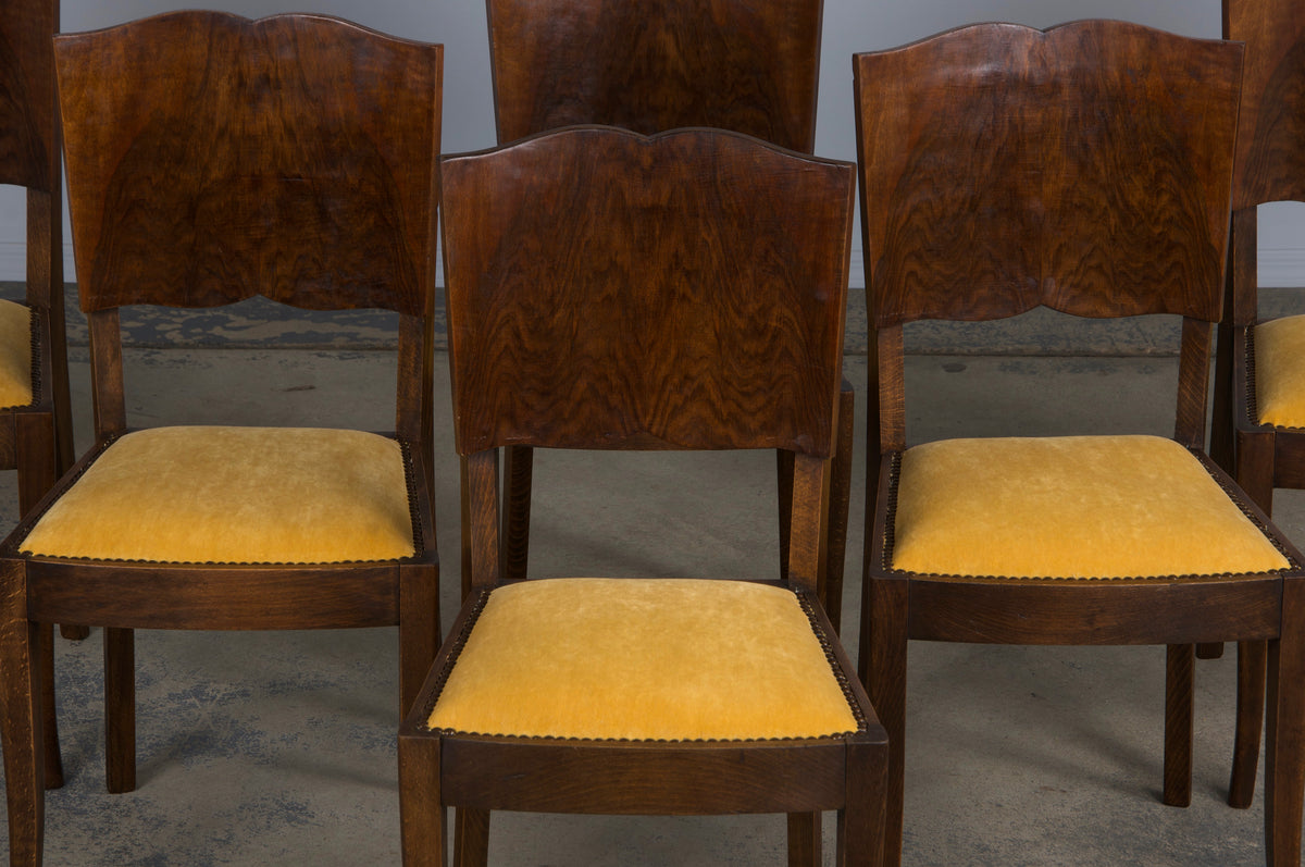 1950s French Art Deco Maple Dining Chairs W/ Golden Yellow Velvet - Set of 6