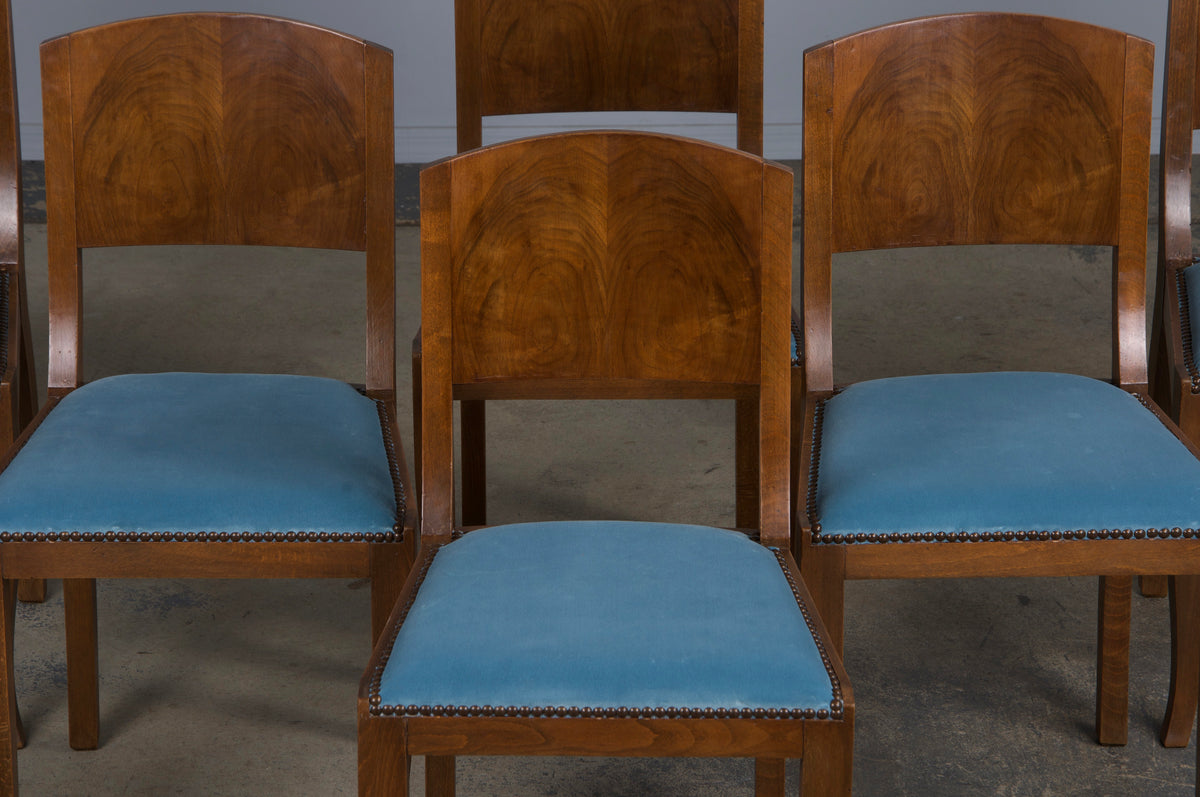 1950s French Art Deco Maple Dining Chairs W/ Blue Velvet - Set of 6