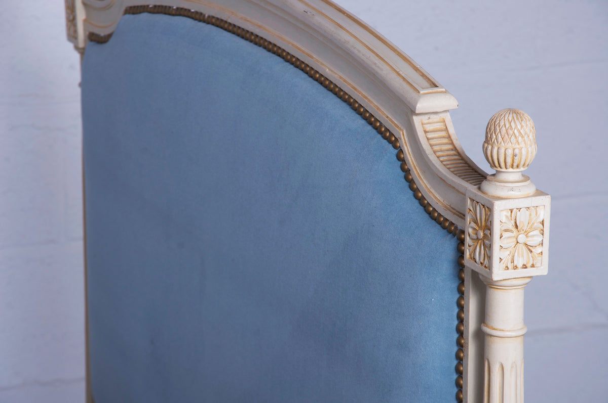 Antique French Louis XVI Style Painted Twinsize Bedframe W/ Blue Velvet