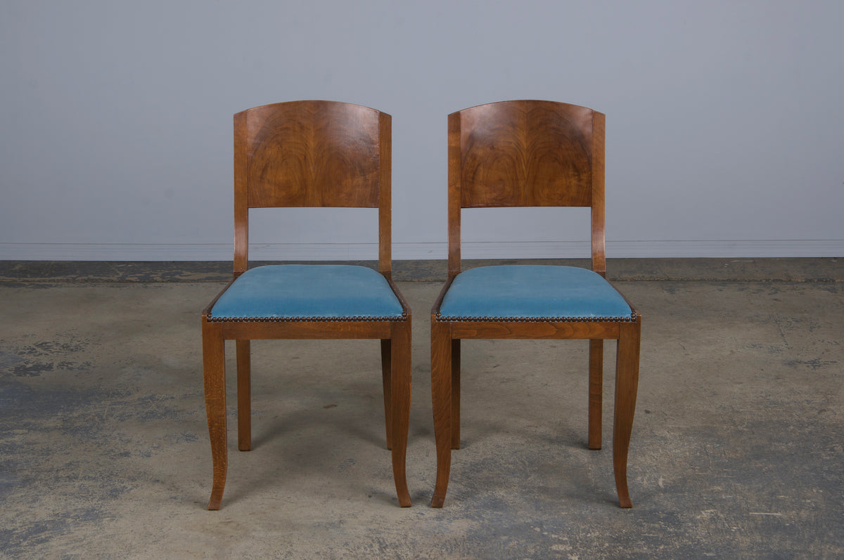 1950s French Art Deco Maple Dining Chairs W/ Blue Velvet - Set of 6