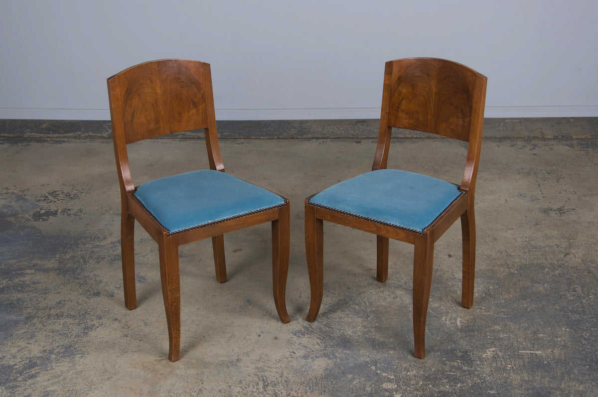 1950s French Art Deco Maple Dining Chairs W/ Blue Velvet - Set of 6