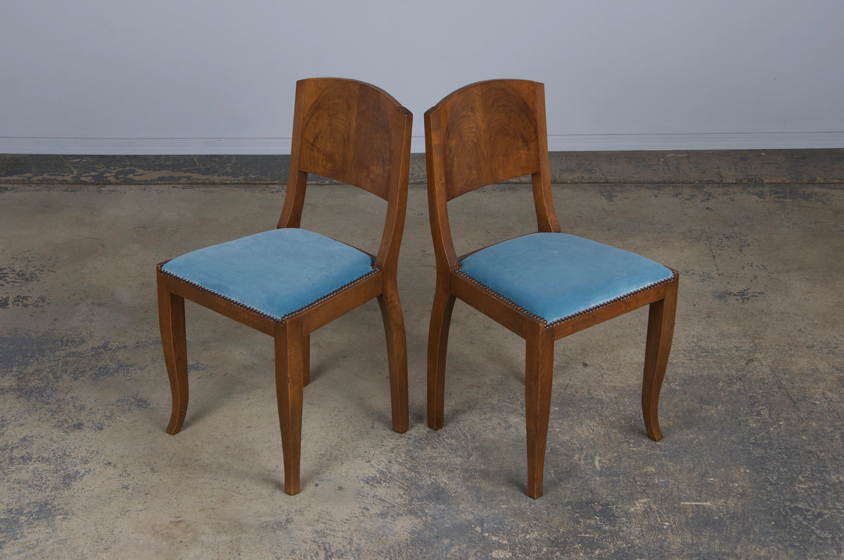 1950s French Art Deco Maple Dining Chairs W/ Blue Velvet - Set of 6